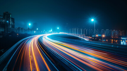 Fototapeta na wymiar Long exposure shot capturing the bustling energy of city traffic at night with colorful light trails on a highway, reflecting urban life's pace.