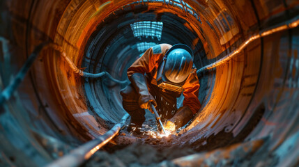 A skilled welder in protective gear is intensely focused on welding inside a large metallic industrial pipe with sparks flying.