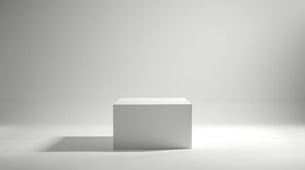Empty white cube product podium. Clean white interior scene background. Sunlight shadows. Beauty skincare, technology products display pedestal stage.