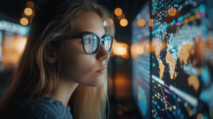 Close-up of a focused young woman with glasses analyzing global data on a high-resolution digital screen.