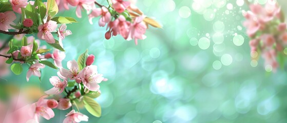 spring background of apple flowers in soft focus with natural bokeh, green mood