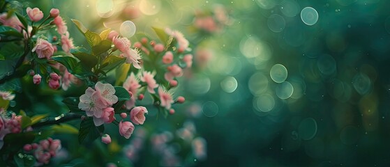 spring background of apple flowers in soft focus with natural bokeh, dark blue and green mood
