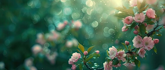 spring background of apple flowers in soft focus with natural bokeh, dark blue and green mood