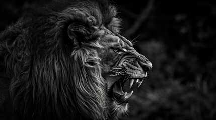 Majestic roaring lion in black and white. Wildlife and nature photography.