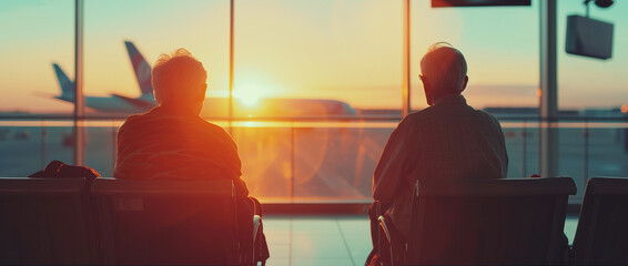 Elderly people waiting at the airport, silhouette of a person watching the sunset at airport, background Ultra Wide Screen 21:9 banner cover