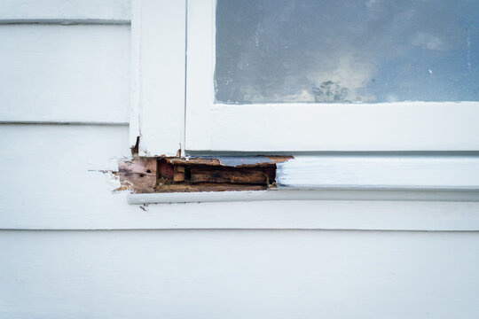 Rotten wooden window frame in an old house.