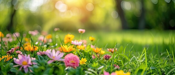 spring background with flowers in the grass and natural bokeh, copy space ready