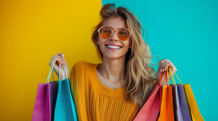 Joyful young woman in stylish sunglasses holding multiple colorful shopping bags on a vibrant yellow and blue background.