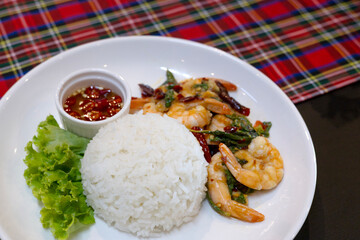 Fried Shrimp With Basil Leaf On Rice