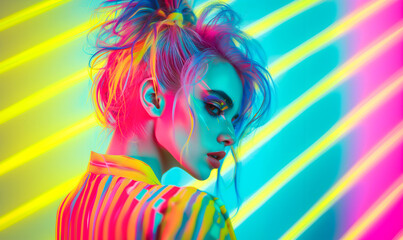 Fashion Surreal Concept. Stunning woman girl in neon light with collage graphic futuristic bright bold art deco aesthetics background. illuminated with dynamic composition and dramatic lighting	
