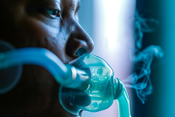 An individual utilizing a nebulizer to inhale medication - obrazy, fototapety, plakaty
