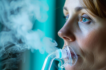 An individual utilizing a nebulizer to inhale medication