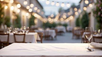 An empty table covered with a white tablecloth