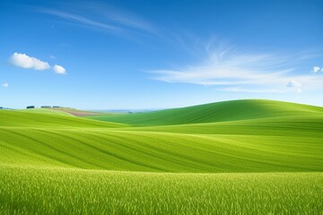 Fototapeta premium Captivating Landscape Showcases a Verdant Slope Enveloped in Rich Green Grass, Beneath a Expansive Canopy of Blue Sky and Delicate Clouds