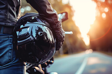 Motorbike rider holding a helmet - obrazy, fototapety, plakaty