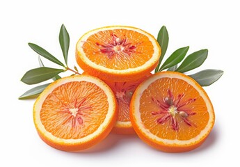 A Halved Orange, Enhanced by Graceful Green Leaves, Commands Attention in Isolation Against a Clean White Background
