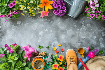 Background of floral gardening with a variety of vibrant garden flowers and gardening equipment on a concrete surface
