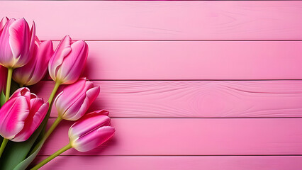 Pink tulips on a pink wooden background.