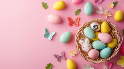 Fototapeta na wymiar Vibrant Flat Lay Photo of Colorful Easter Eggs Arranged in a Basket Festive Spring Celebration