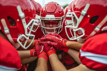 Fototapeta premium Teenage boy high school football team connecting hands in huddle