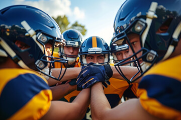 Teenage boy high school football team connecting hands in huddle