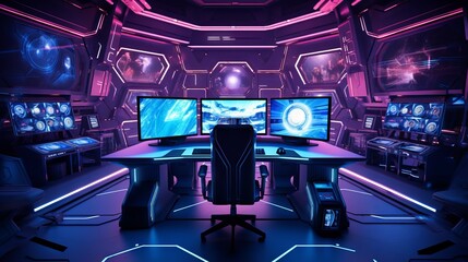 Gaming room with RGB lighting, gaming chair, keyboard, mouse, and headset - obrazy, fototapety, plakaty