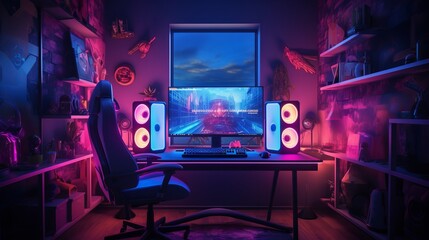 Gaming room with RGB lighting, gaming chair, keyboard, mouse, and headset