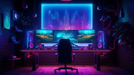 Gaming room with RGB lighting, gaming chair, keyboard, mouse, and headset