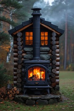 a cast-iron stove in a rustic house with a fire lit inside. The surreal view