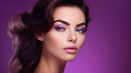 Fototapeta premium Portrait of a beautiful, elegant, sexy Caucasian woman with perfect skin, on a purple background, banner.