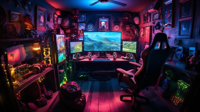 Gaming room with RGB lighting, gaming chair, keyboard, mouse, and headset