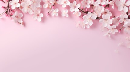 Fototapeta na wymiar pink cherry blossom background. Banner with flowers on light pink background. Greeting card template for Wedding, mothers or womans day. 