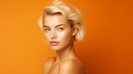 Portrait of a beautiful, sexy Caucasian woman with perfect skin and white long hair, on an orange background.