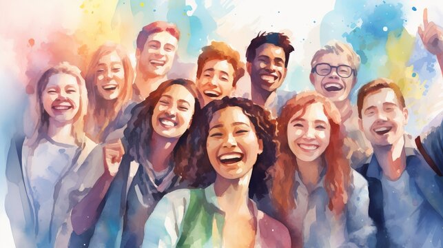 Watercolor illustration of smiling friends from different backgrounds and cultures