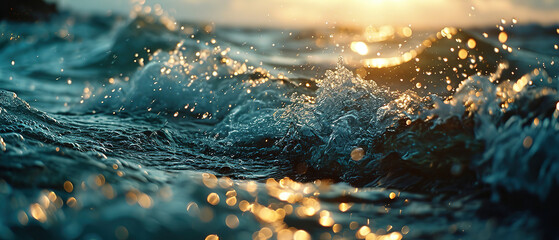 a view of a wave breaking on the beach at sunset