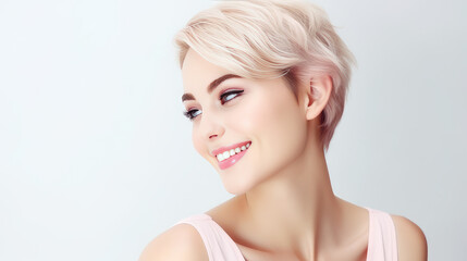 Portrait of a beautiful, sexy Caucasian woman with perfect skin and white short hair, on a white background.