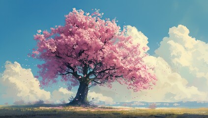 Cherry blossom sakura tree standing gracefully in lush meadow with expansive sky stretching overhead idyllic scene reminiscent of watercolor painting of spring and beauty of nature in full bloom