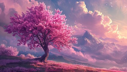 Cherry blossom sakura tree standing gracefully in lush meadow with expansive sky stretching overhead idyllic scene reminiscent of watercolor painting of spring and beauty of nature in full bloom - obrazy, fototapety, plakaty
