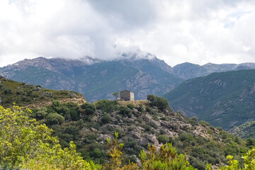 Fototapeta na wymiar Corsica, an ancient barn in the mountain, in spring, wild landscape 