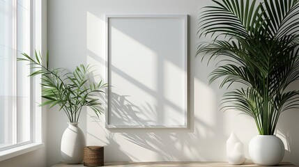 Fototapeta na wymiar Blank frame for mockup, frame hanging on a wall, boho modern style.