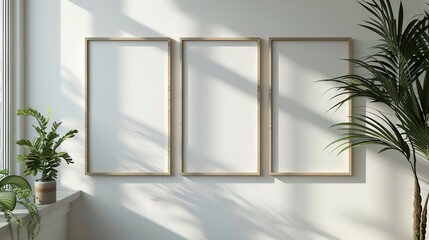 Fototapeta premium Blank frame for mockup, frame hanging on a wall, boho modern style.
