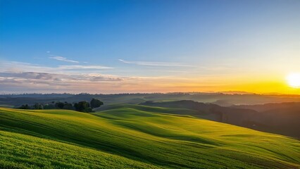 Obraz premium Beautiful view on green hills at sunrise, summer rural landscape