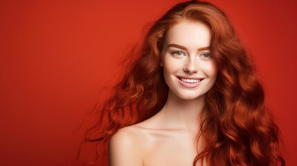 Naklejka premium Portrait of an elegant, sexy smiling woman with perfect skin and long red hair, on a red background, banner.