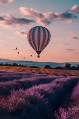 Fototapeta premium a hot air balloon flying over a lavender field