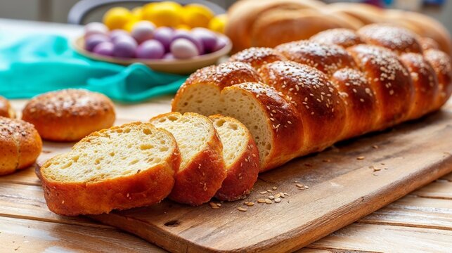 Challah braid, sweet Easter bread tsoureki sliced on table, closeup view