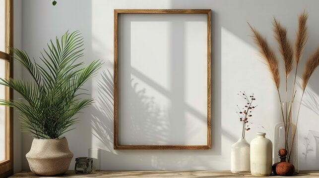 Blank frame for mockup, frame hanging on a wall, boho modern style.