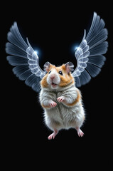 Cute little angel hamster with white transparent wings on a black background. Generative AI.