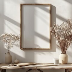 Blank frame for mockup, frame hanging on a wall, boho modern style.