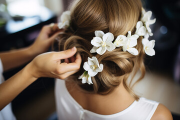 Obraz na płótnie Canvas Hairstylist arranging beautiful elegant bridal hairstyle with flowers