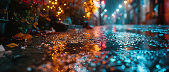 ad view of a wet street at night with lights